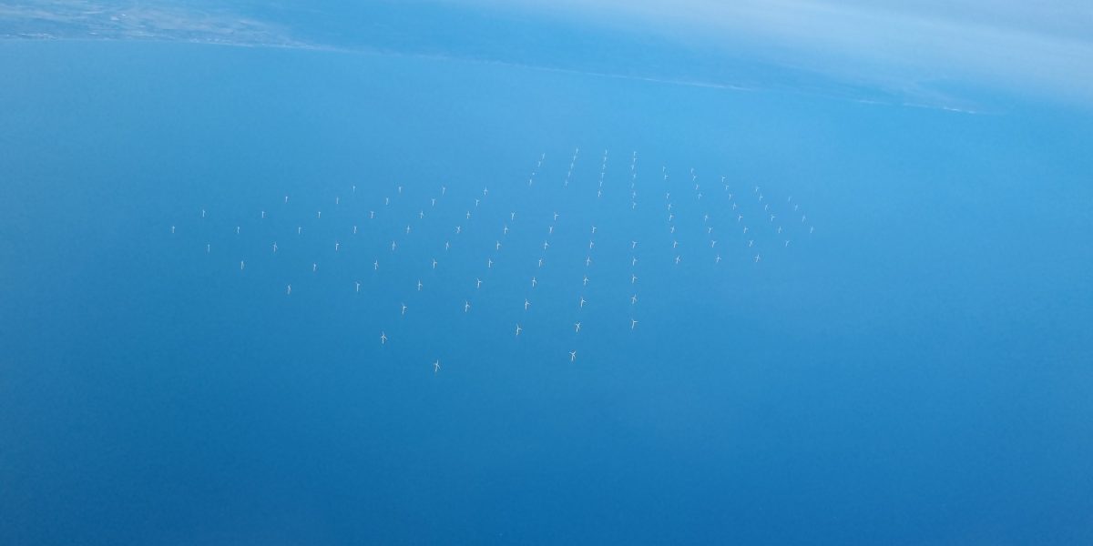 Aerial Photo demonstrating the Wind Turbine layout of Rampion Offshore Wind Farm. Taken by NASH Maritime Associate Director Dr. Andrew Rawson scaled aspect ratio 1200 600